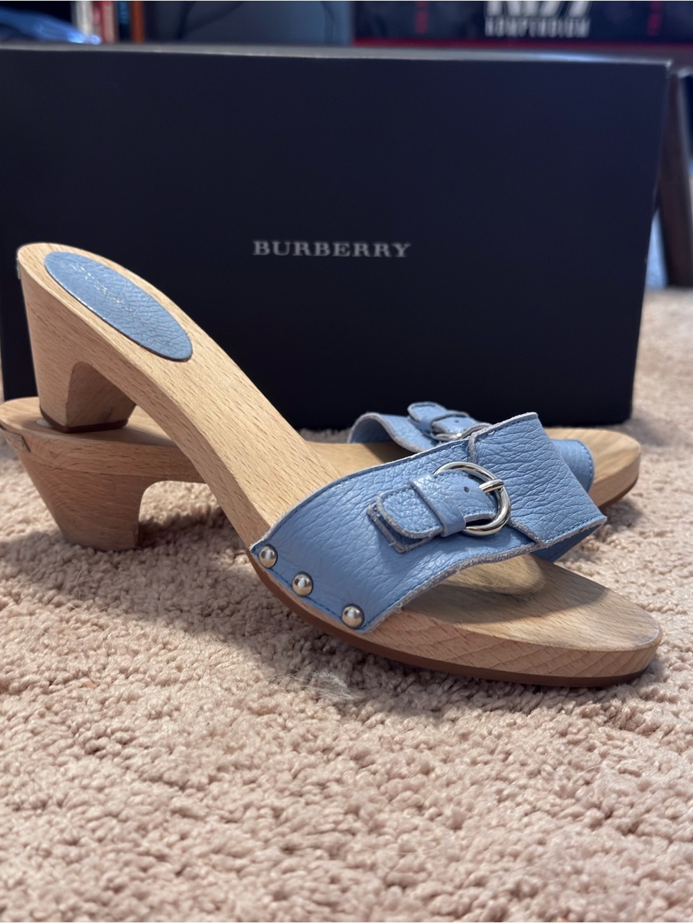 Burberry Pale Blue Leather Buckle Clog Mules